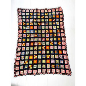 Vintage Handmade Crochet Granny Square Blanket 46x63 – Retro Throw